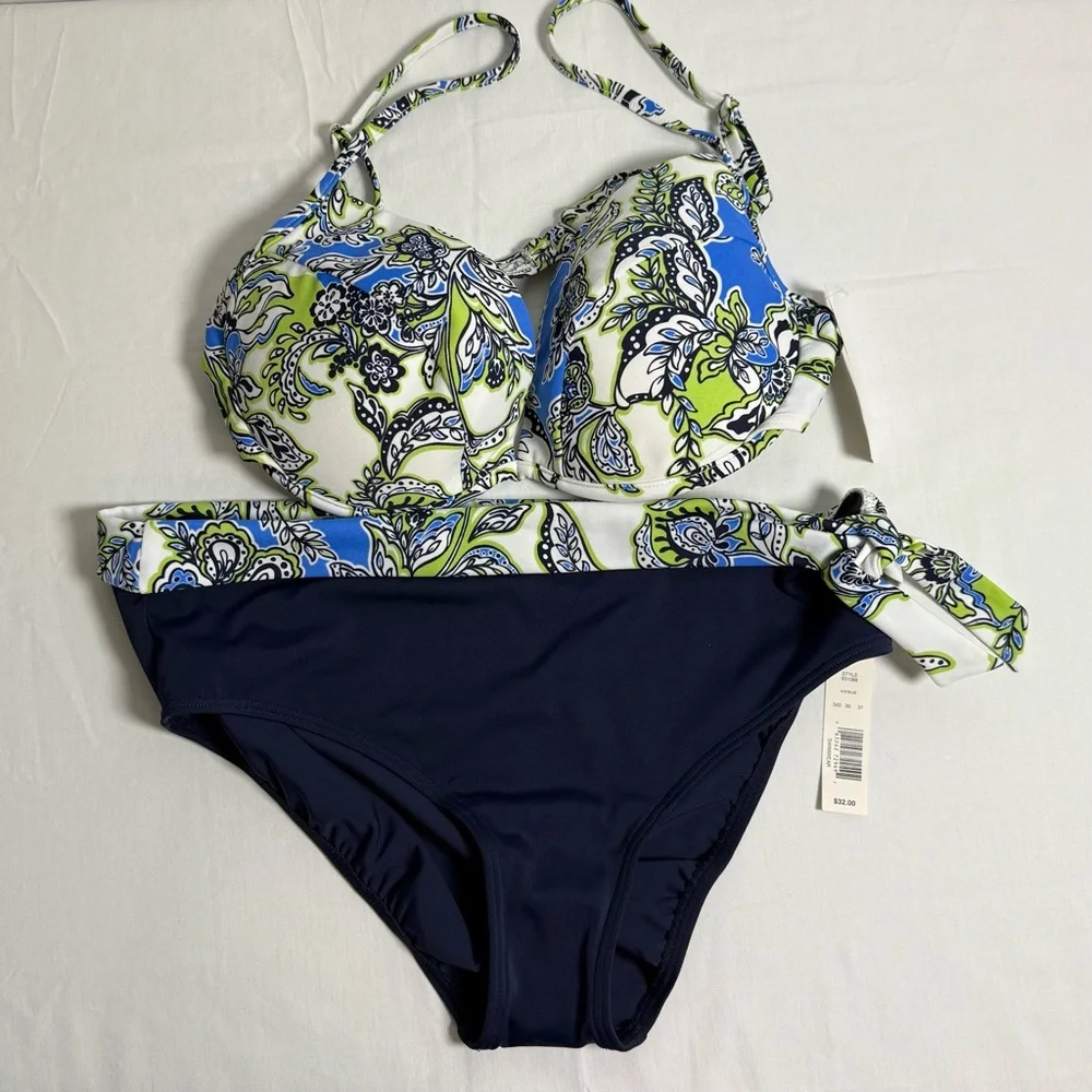 Croft & Barrow women’s Blue and Green 2pc Bikini Set with Floral Print Sz 14 NWT - Picture 7 of 7